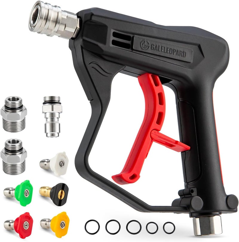 GALELEOPARD Short Pressure Washer Gun with 1/4" Quick Connector, 4350 PSI High Pressure Washer Gun with 5 Spray Nozzle Tips, 3/8'' Male Plug and M22-14/15mm Fittings, Power Washer Gun Compatible with Foam Cannon - Image 1